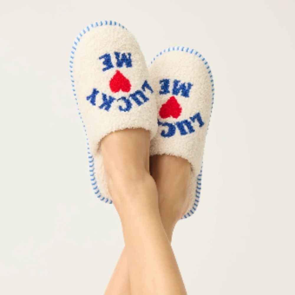Lucky Brand Cream Slippers with Blue and Red Design
